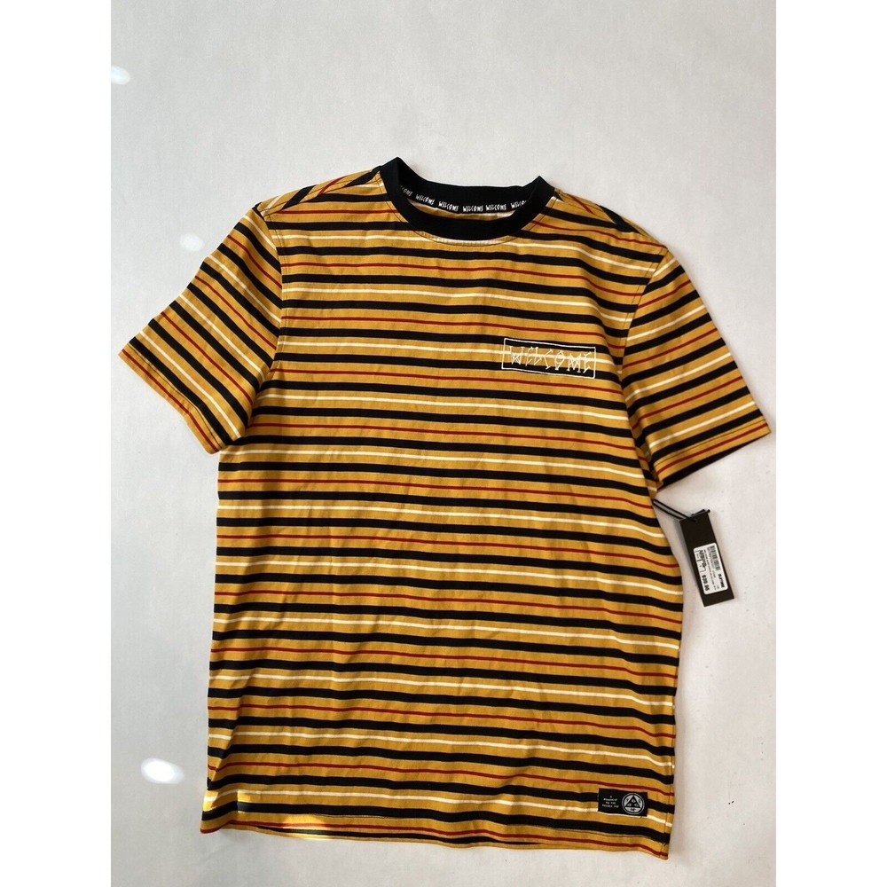 Men’s NWT Welcome Surf Stripe Yellow Short Sleeve T-Shirt Tee Small Skater